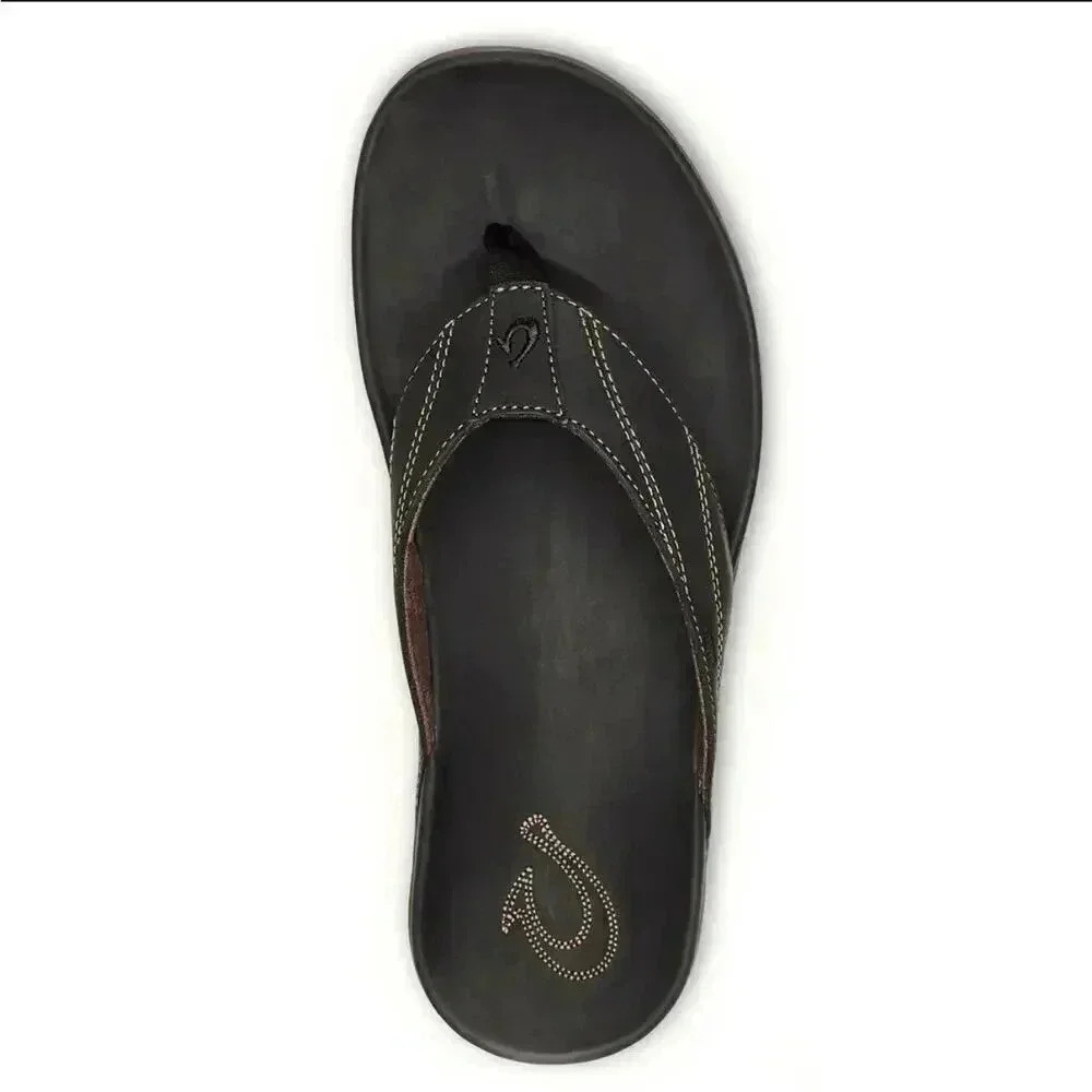 OluKai Pikoi sandal Men size 7 New Leather flip flops black - Picture 1 of 8
